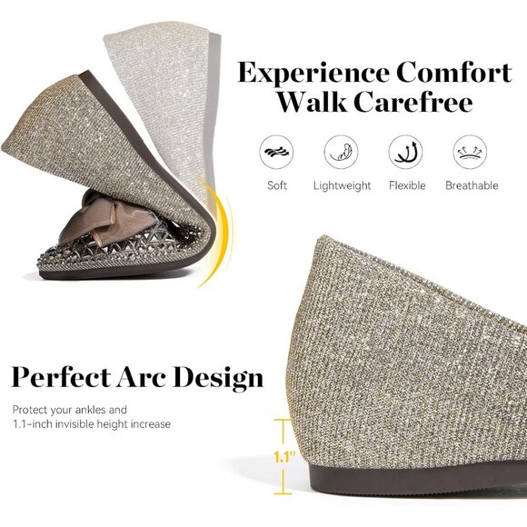 Zelaprox Women's Silver Leather Rhinestone Pointed Toe Bowknot Ballet Shoes - Picture 3 of 7